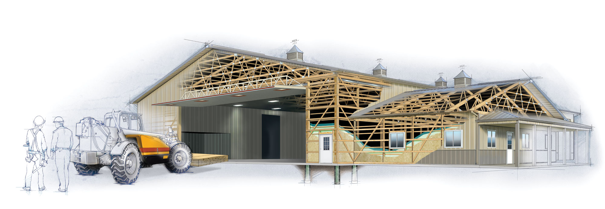 illustration of a Wick post frame building being constructed